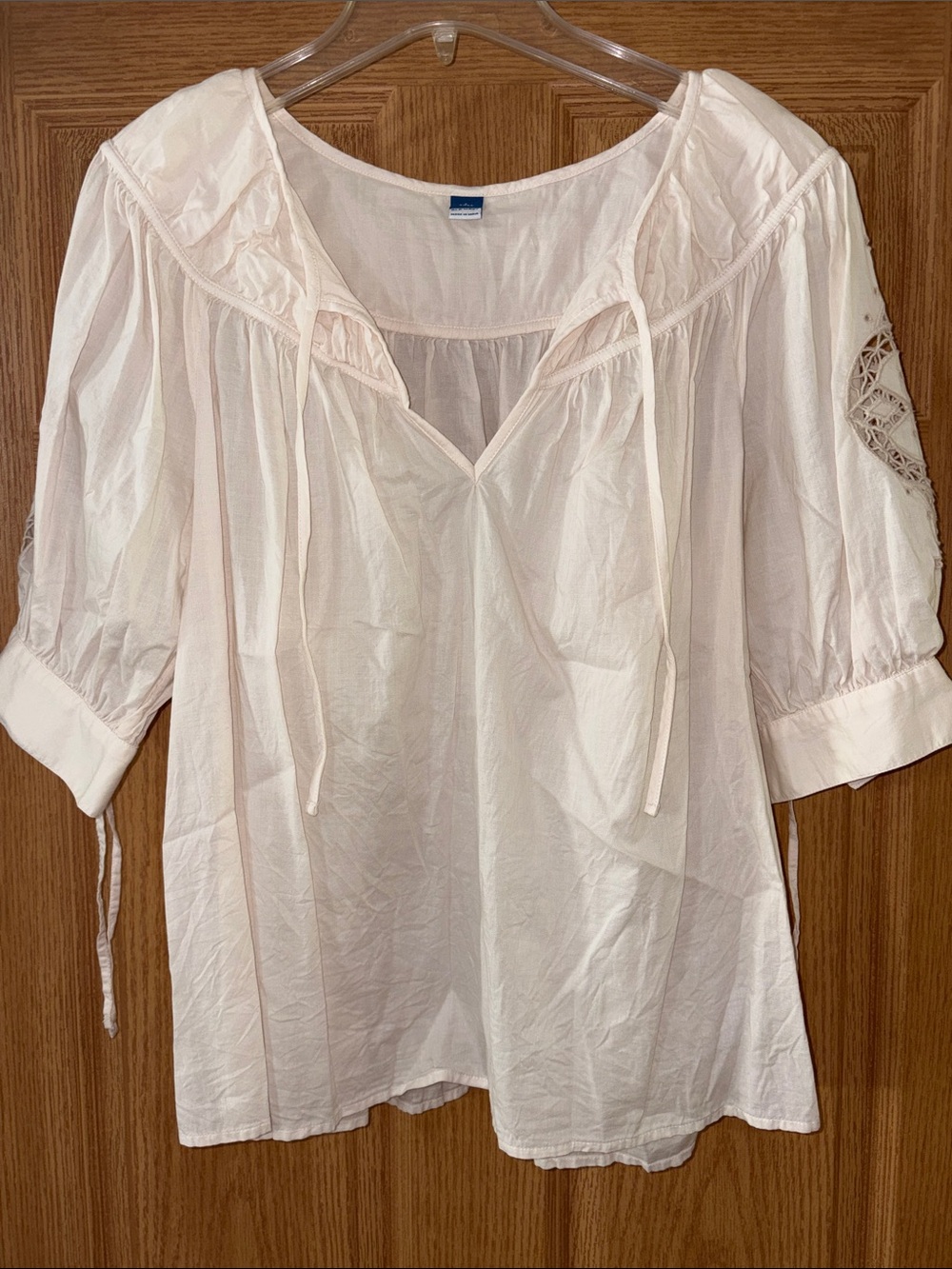 Old Navy Cream Peasant Blouse with Tie Neck